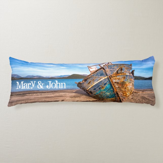 Old Blue Boat by the Seashore Body Pillow (Front)