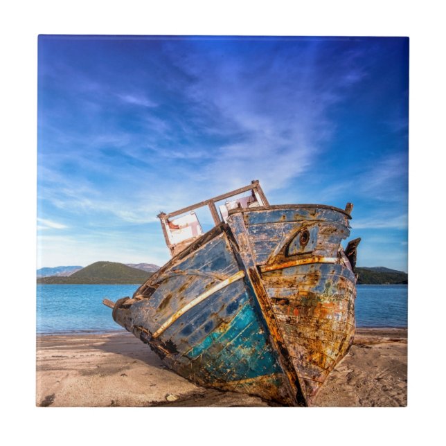 Old Blue Boat by the Seashore Ceramic Tile (Front)