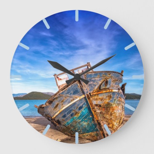 Old Blue Boat by the Seashore Large Clock