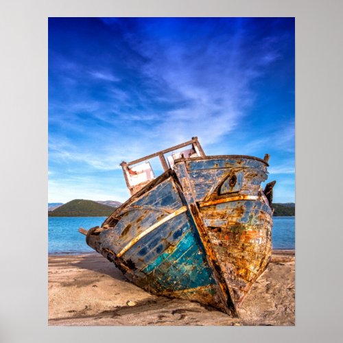 Old Blue Boat by the Seashore Poster