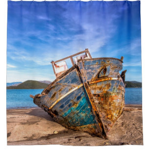 Old Blue Boat by the Seashore Shower Curtain