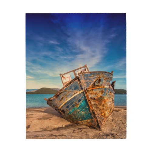 Old Blue Boat by the Seashore Wood Wall Art