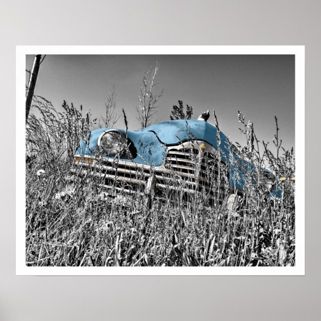 Old Blue Car in Field of Grass Poster (Front)