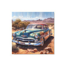 Old blue deserted car in the desert too