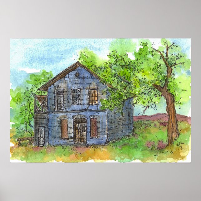 Old Blue House Pen and Ink Drawing Watercolor Poster (Front)