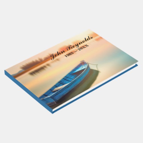 Old Blue Rowboat On Calm Lake Guest Book