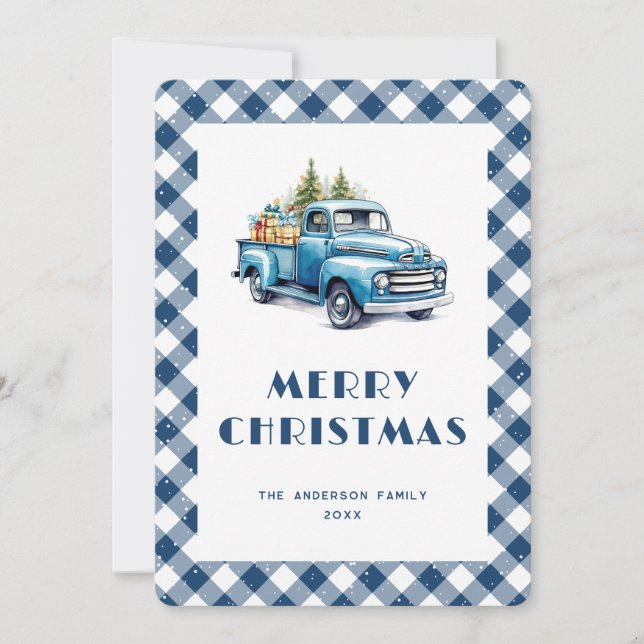 Old Blue Truck Gingham Plaid Merry Christmas Card (Front)