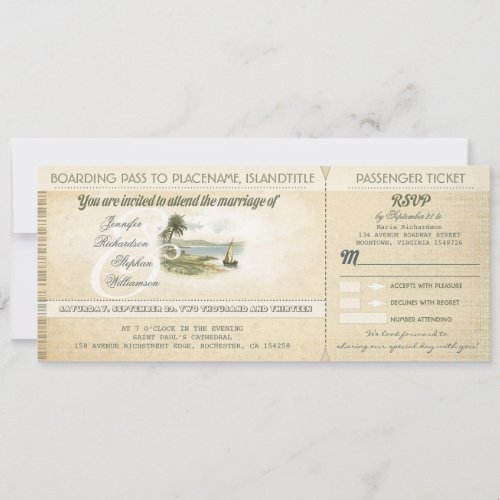 old boarding pass beach wedding invites with RSVP