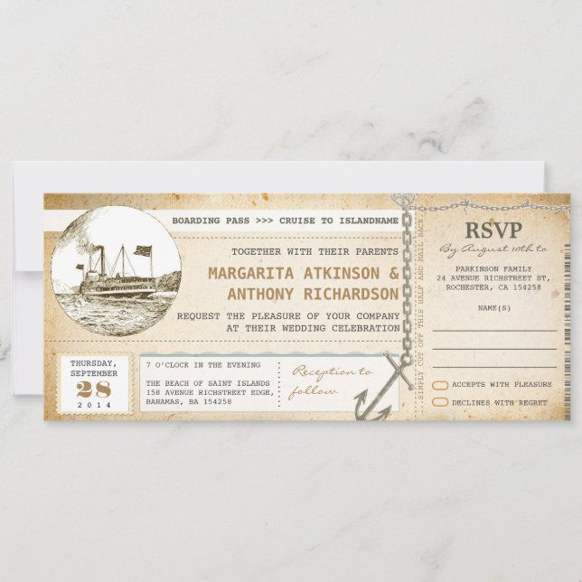 old boarding pass cruise wedding invites with RSVP (Front)