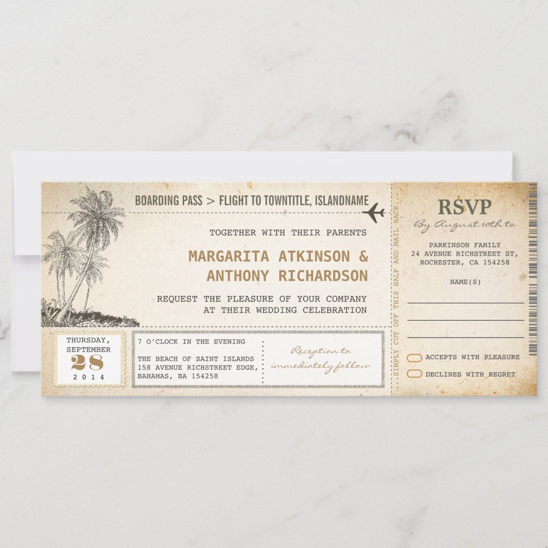 old boarding pass flight wedding invites with RSVP | Zazzle