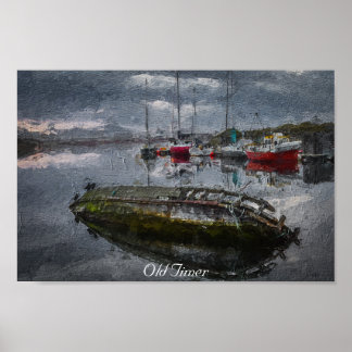 Old Boat in harbor sinking, oil painting Poster