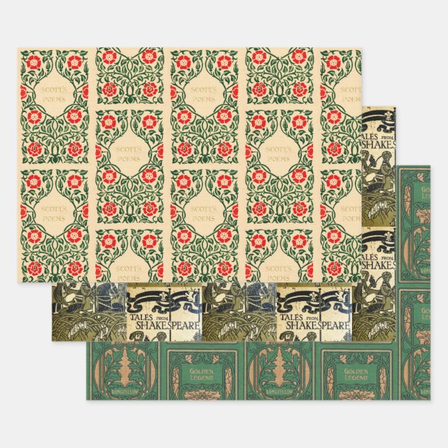 Old Book Covers (Beige & Green) Wrapping Paper Sheets (Set)
