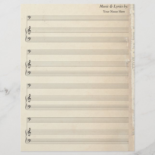 Old Book Page Blank Sheet Music Bass Clef (Front)