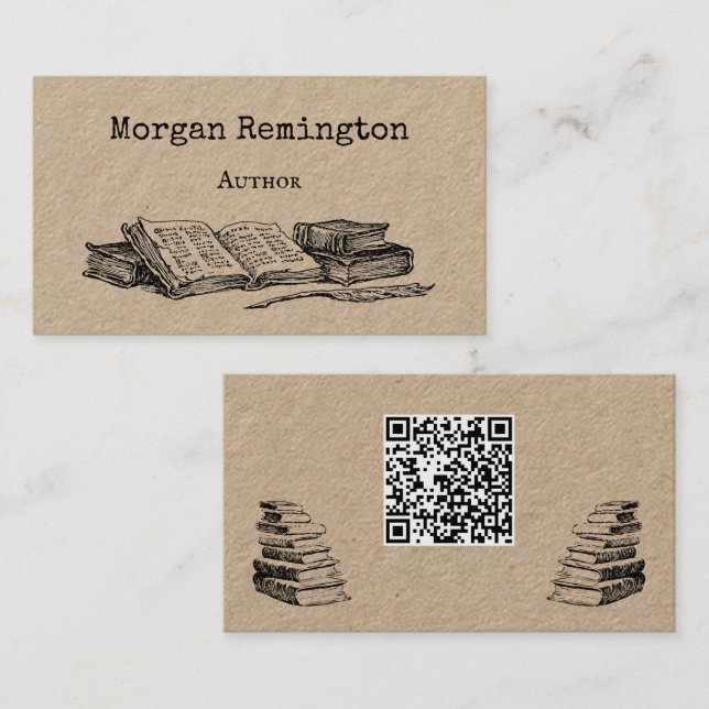 Old Books and Quill Author Writer Librarian QR Business Card (Front/Back)