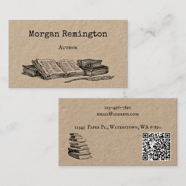 Old Books and Quill Author Writer Librarian QR Business Card (Front/Back)