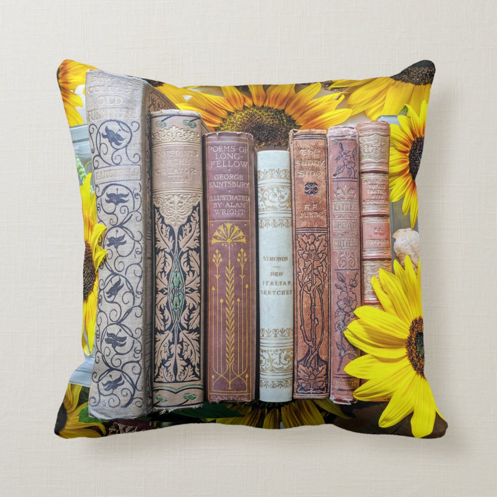 Old Books and Sunflowers Throw Pillow