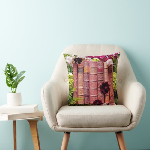 Old Books  Burgundy Blooms Throw Pillow