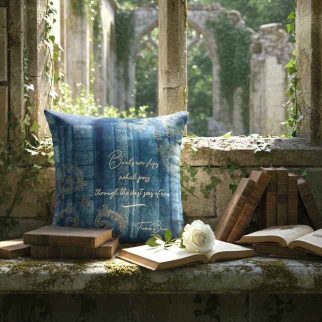 Old books - golden ornaments - blue | throw pillow (Romantisches blaues Kissen mit alten Büchern und goldenen Ornamenten)