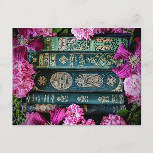 Old Books & Pink Roses Postcard (Front)
