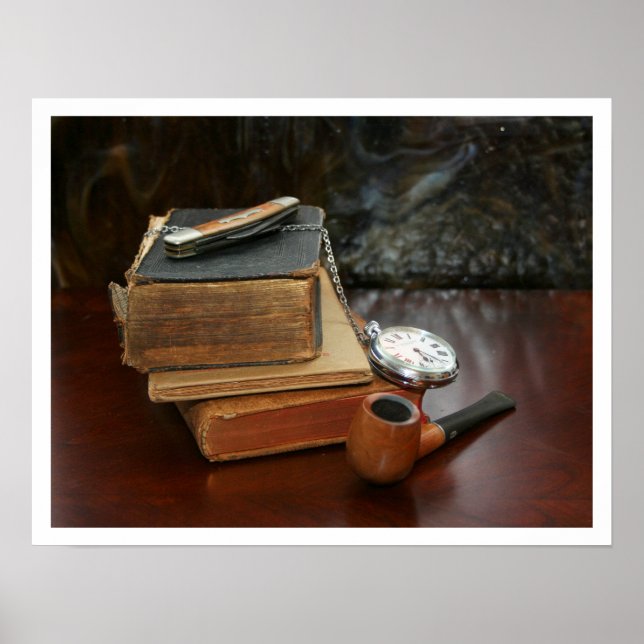 Old Books, Pipe, Watch and Pocket Knife Still Life Poster (Front)