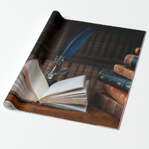 Old books, quill pen and vintage inkwell on wooden wrapping paper