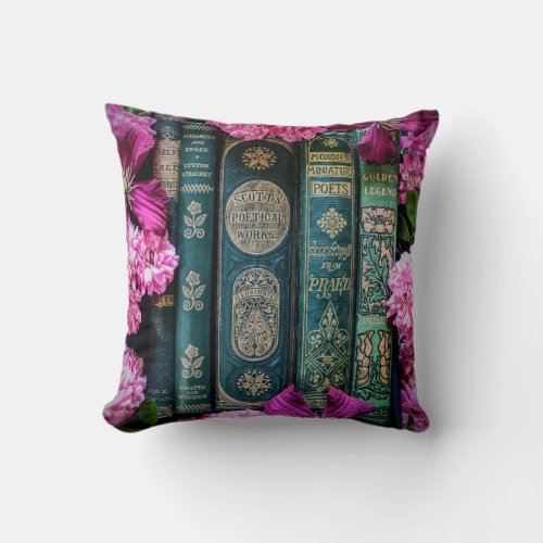 Old Books  Roses Green  Pink Throw Pillow