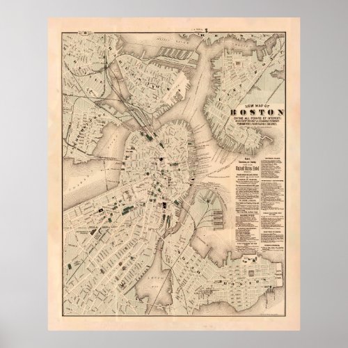 Old Boston MA Map 1884 Vintage Massachusetts  Poster