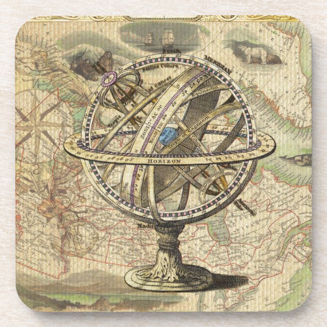 Old British America Explore Polar Bear Compass Map Drink Coaster (Front)