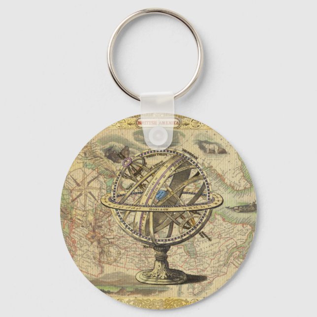 Old British America Explore Polar Bear Compass Map Keychain (Front)