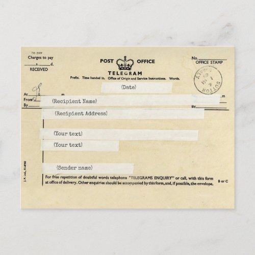 Old British post office telegram Customizable Postcard