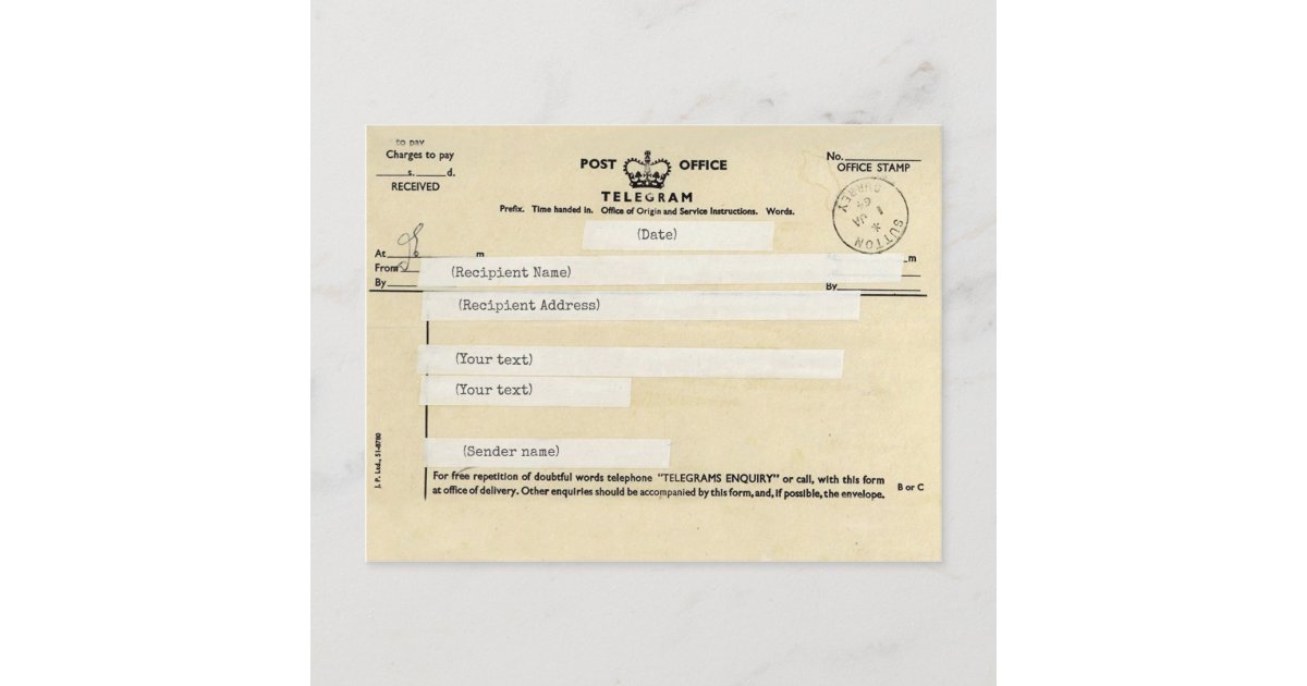 Old British post office telegram (Customizable) Postcard | Zazzle