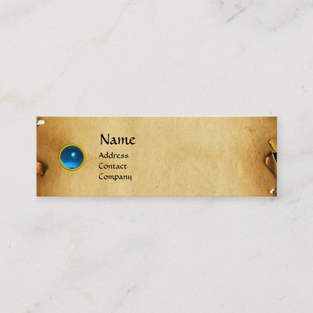 OLD BROWN PARCHMENT, GEM STONE, MONOGRAM blue Mini Business Card (Front)