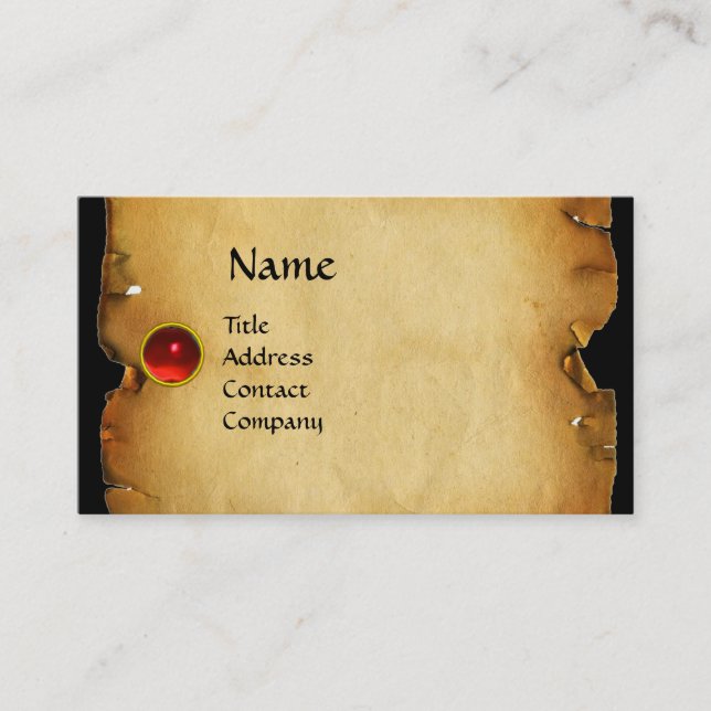 OLD BROWN PARCHMENT, GEM STONE, MONOGRAM red Business Card (Front)