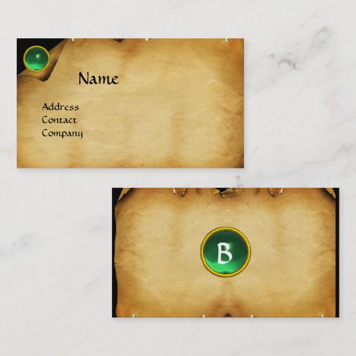 Customizable OLD PARCHMENT, GEM STONE, MONOGRAM green Business Card