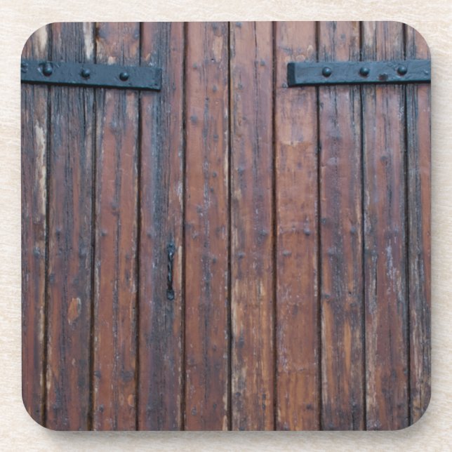 Old Brown Wood Doors With Black Iron Supports Drink Coaster (Front)