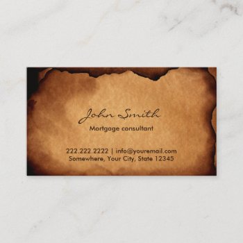 Old Burned Paper Mortgage Agent Business Card by cardfactory at Zazzle