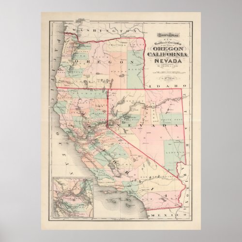 Old California Oregon  Nevada Map 1874  Poster