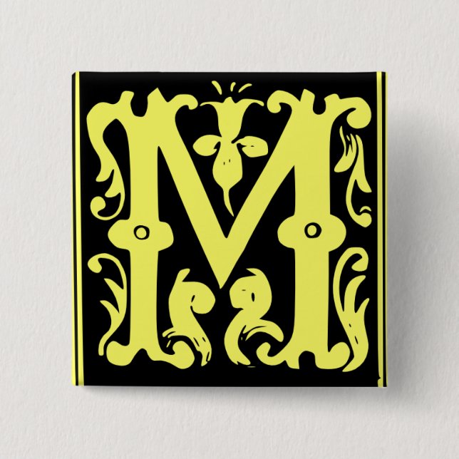 Old Calligraphy Letter M Square Button Pin (Front)