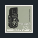 Old Camera 70th birthday Party Paper Napkin 1<br><div class="desc">Customizable 70th birthday party paper napkin with a retro illustration of a camera. You can easily change text (font,  size,  color and position) and background color by clicking the personalize or customize button. Matching Birthday save the date (postcard) and birthday guest book.</div>