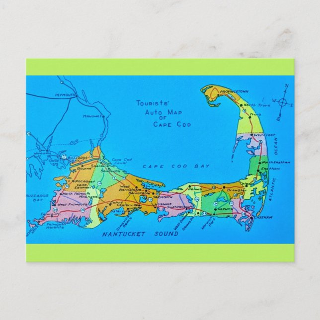 Old Cape Cod tourist Map Postcard (Front)