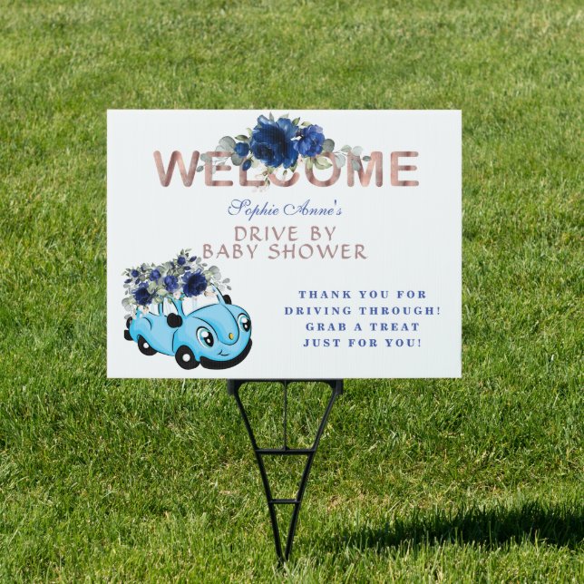 Old Car Blue Floral Gold Boy Baby Shower Drive By Sign (Insitu)