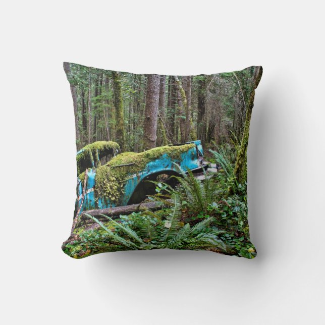 Old Car in the Forest Throw Pillow (Front)