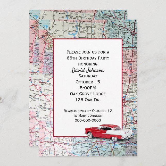 Old Car on Map 65th Birthday Invitation (Front/Back)