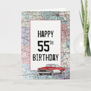 Old Car on Road Map 55th Birthday Card