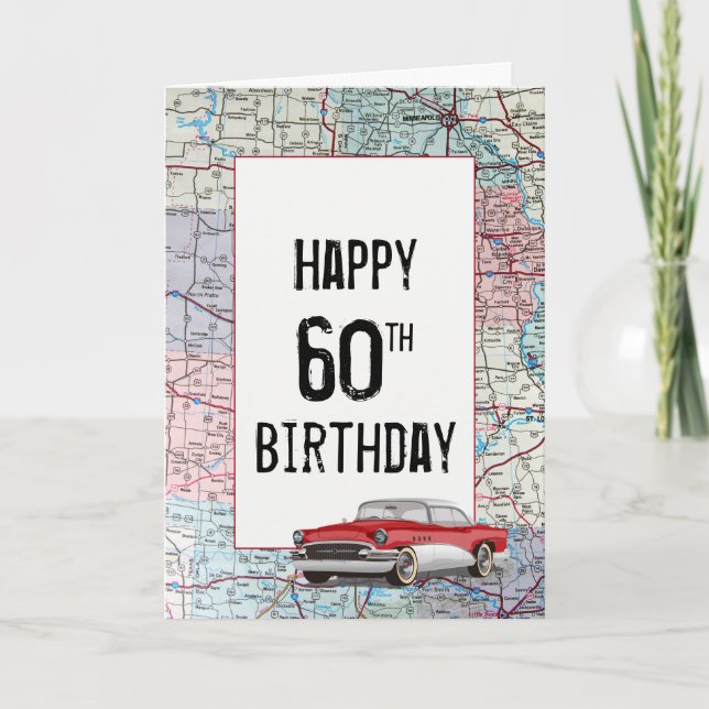 Old Car on Road Map 60th Birthday Card (Front)