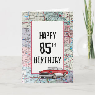 Old Car on Road Map 85th Birthday Card