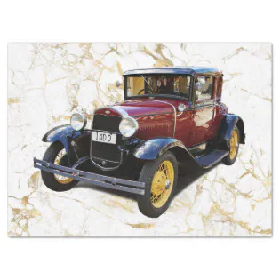 Old Car on White &amp; Gold Marble, Decoupage Tissue Paper