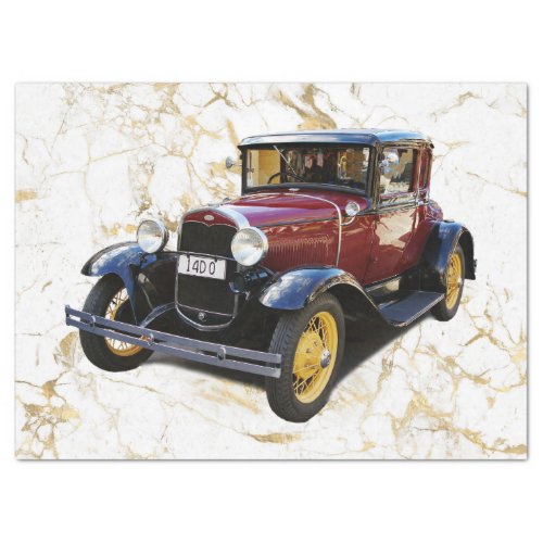 Old Car on White  Gold Marble Decoupage Tissue Paper