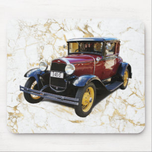 Old Car on White & Gold Marble Mouse Pad