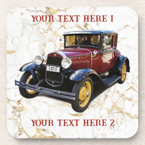 Old Car on White  Gold Marble Your Text Beverage Coaster